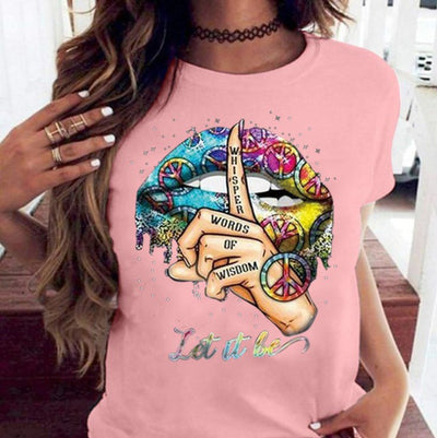 Chic Black O-Neck Watercolor Lips Tee for Women