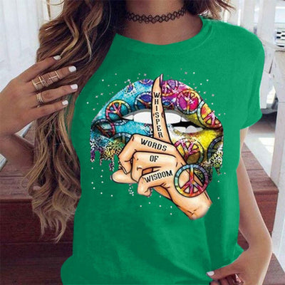 Chic Black O-Neck Watercolor Lips Tee for Women