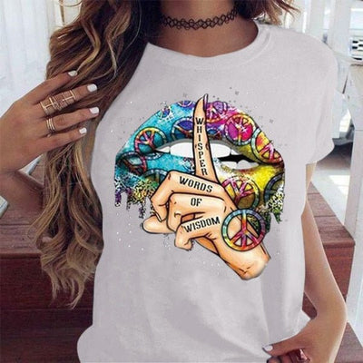Chic Black O-Neck Watercolor Lips Tee for Women