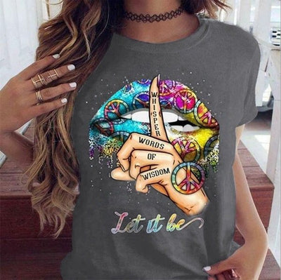 Chic Black O-Neck Watercolor Lips Tee for Women