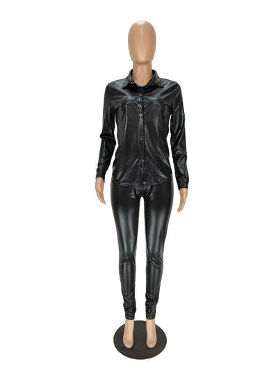 Stylish Autumn Long Sleeve Shirt and Snake Skin Pants Set