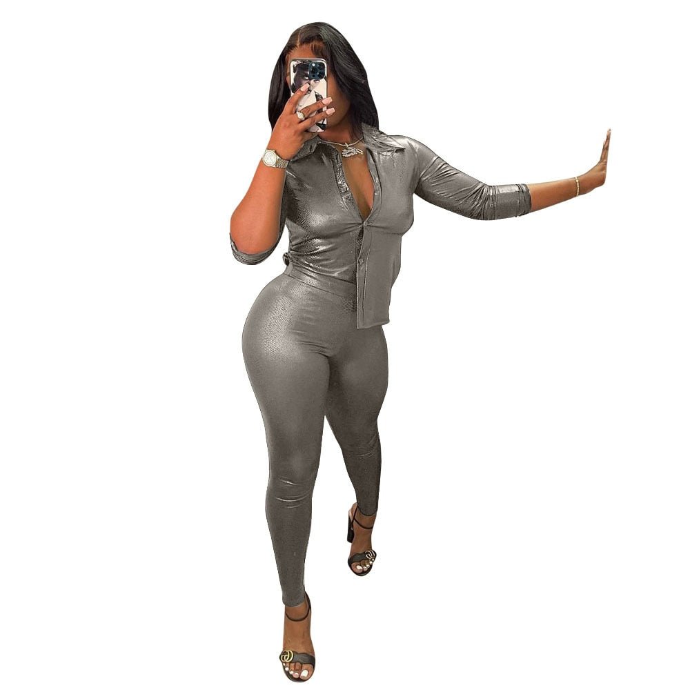 Stylish Autumn Long Sleeve Shirt and Snake Skin Pants Set