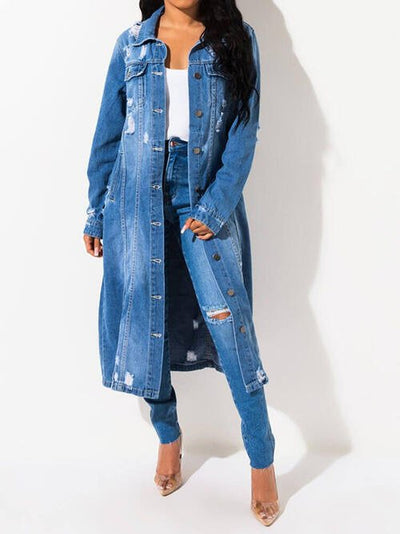 Stylish Long Sleeve Distressed Denim Jacket with Frayed Edges