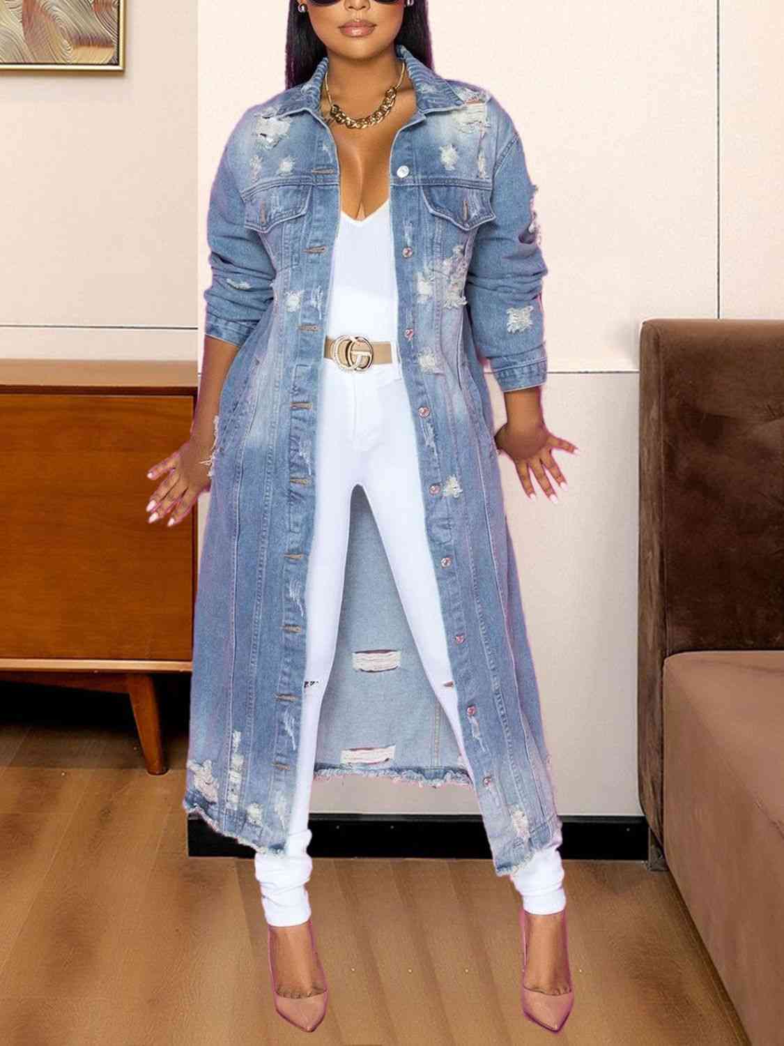 Stylish Long Sleeve Distressed Denim Jacket with Frayed Edges