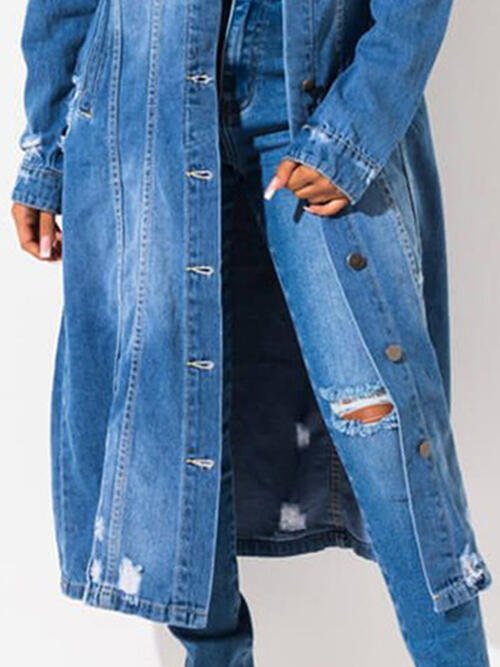 Stylish Long Sleeve Distressed Denim Jacket with Frayed Edges