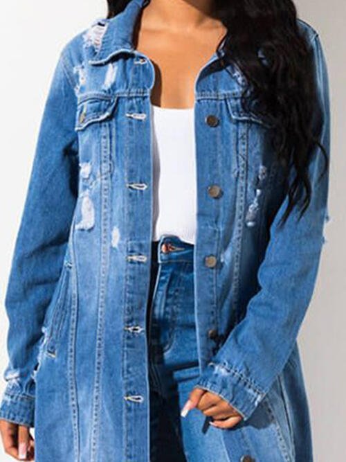 Stylish Long Sleeve Distressed Denim Jacket with Frayed Edges
