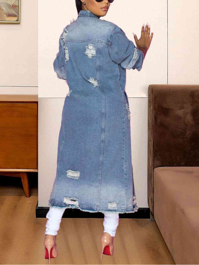 Stylish Long Sleeve Distressed Denim Jacket with Frayed Edges