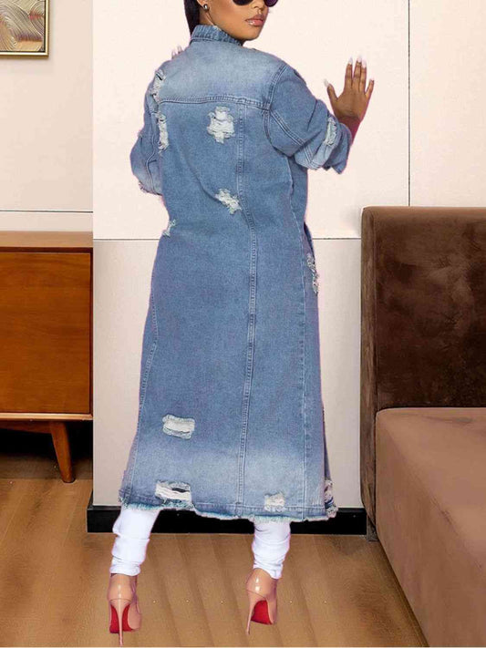 Stylish Long Sleeve Distressed Denim Jacket with Frayed Edges