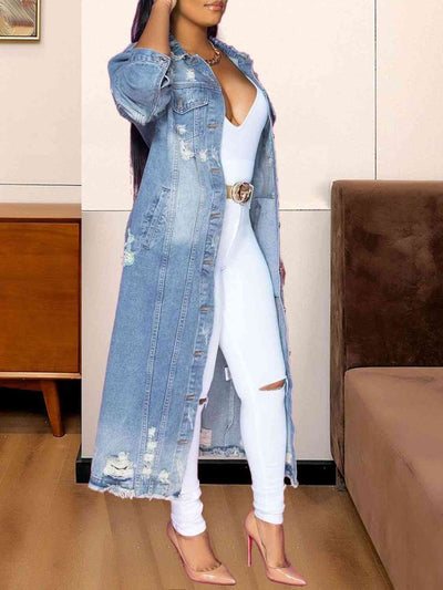Stylish Long Sleeve Distressed Denim Jacket with Frayed Edges