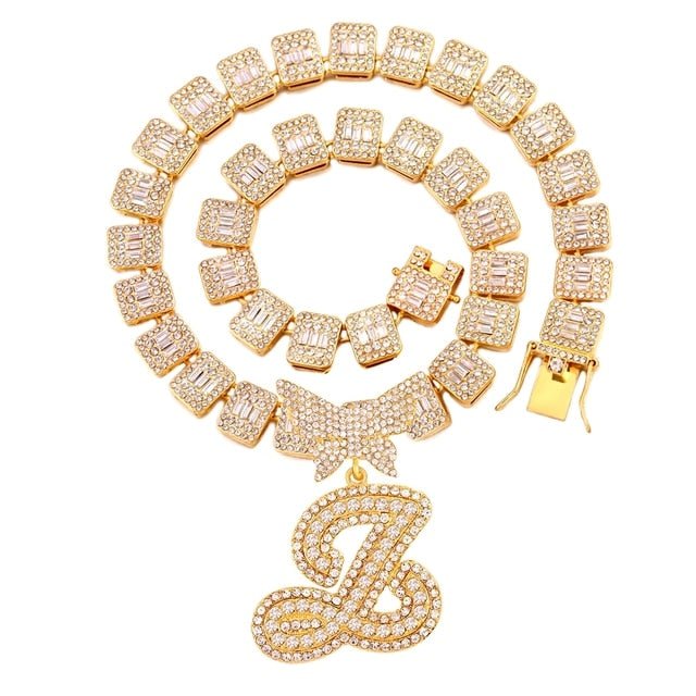 Luxury Square Baguette Tennis Cuban Chain Full Rhinestone Butterfly Cursive Letter 26 Initials Cuban Necklace For Women