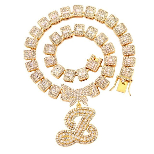 Luxury Square Baguette Tennis Cuban Chain Full Rhinestone Butterfly Cursive Letter 26 Initials Cuban Necklace For Women