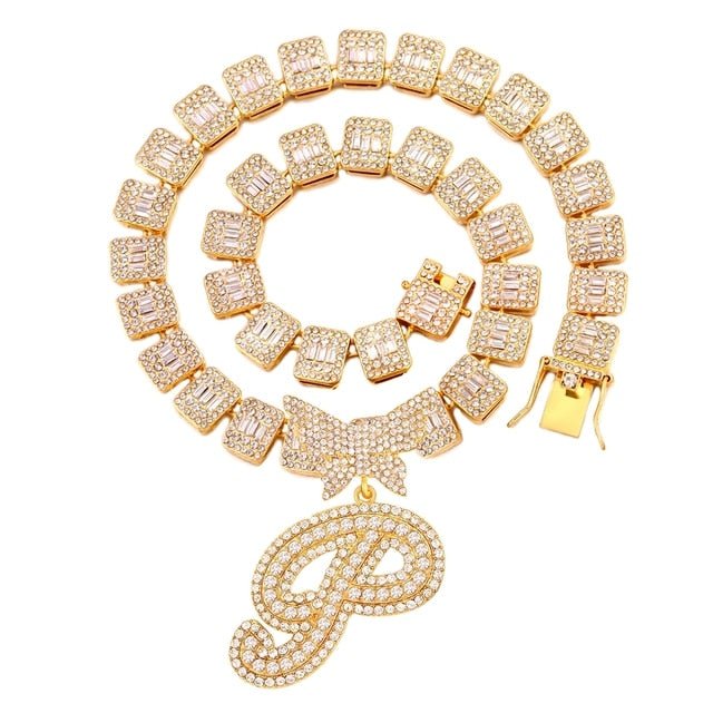 Luxury Square Baguette Tennis Cuban Chain Full Rhinestone Butterfly Cursive Letter 26 Initials Cuban Necklace For Women