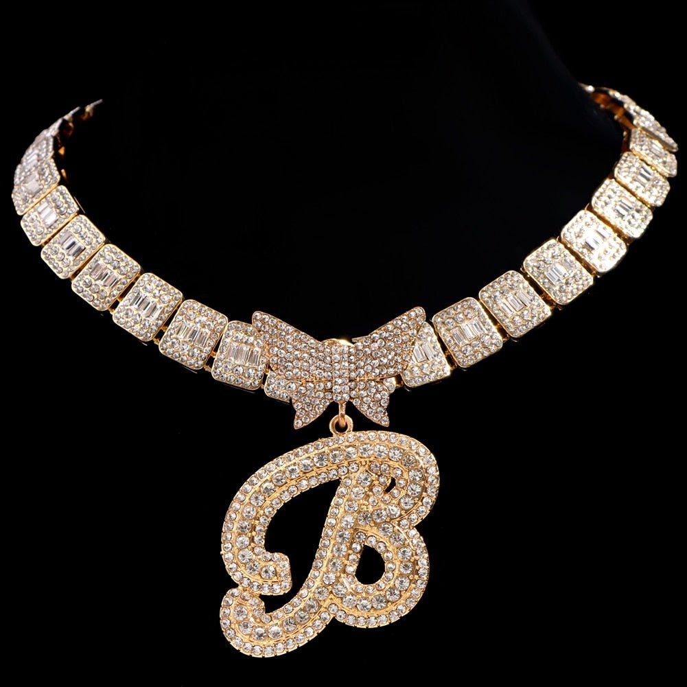 Luxury Square Baguette Tennis Cuban Chain Full Rhinestone Butterfly Cursive Letter 26 Initials Cuban Necklace For Women