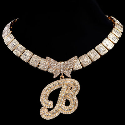 Luxury Square Baguette Tennis Cuban Chain Full Rhinestone Butterfly Cursive Letter 26 Initials Cuban Necklace For Women