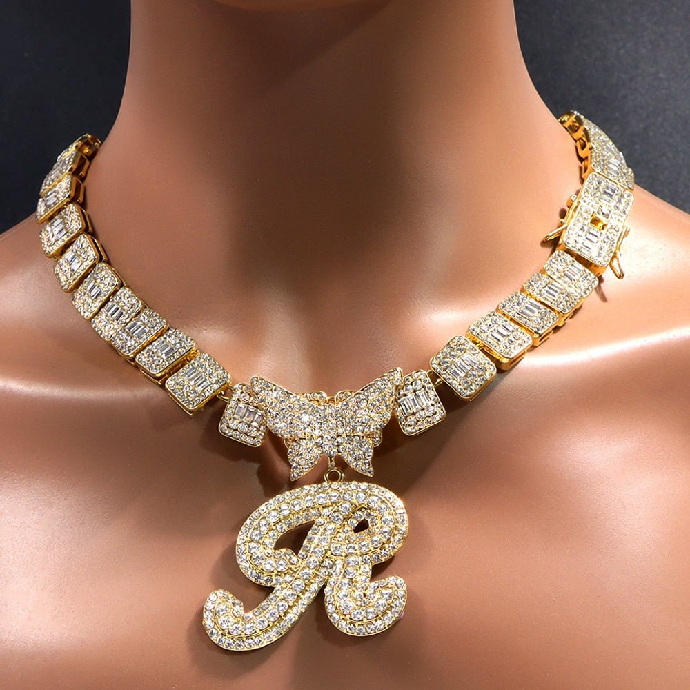Luxury Square Baguette Tennis Cuban Chain Full Rhinestone Butterfly Cursive Letter 26 Initials Cuban Necklace For Women