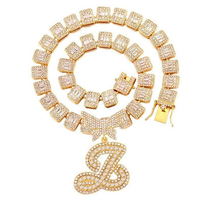 Luxury Square Baguette Tennis Cuban Chain Full Rhinestone Butterfly Cursive Letter 26 Initials Cuban Necklace For Women