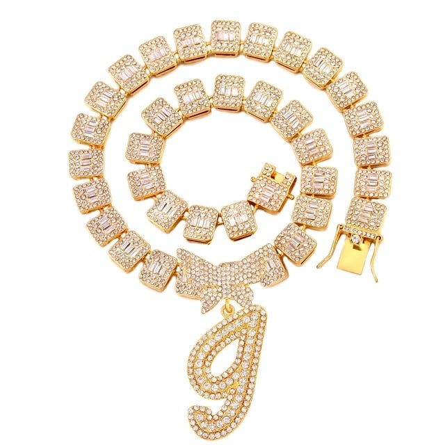 Luxury Square Baguette Tennis Cuban Chain Full Rhinestone Butterfly Cursive Letter 26 Initials Cuban Necklace For Women