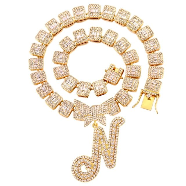Luxury Square Baguette Tennis Cuban Chain Full Rhinestone Butterfly Cursive Letter 26 Initials Cuban Necklace For Women