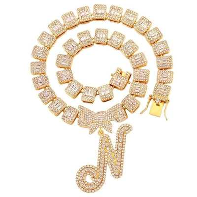 Luxury Square Baguette Tennis Cuban Chain Full Rhinestone Butterfly Cursive Letter 26 Initials Cuban Necklace For Women