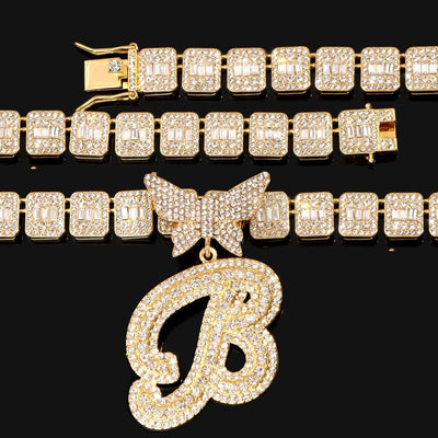 Luxury Square Baguette Tennis Cuban Chain Full Rhinestone Butterfly Cursive Letter 26 Initials Cuban Necklace For Women
