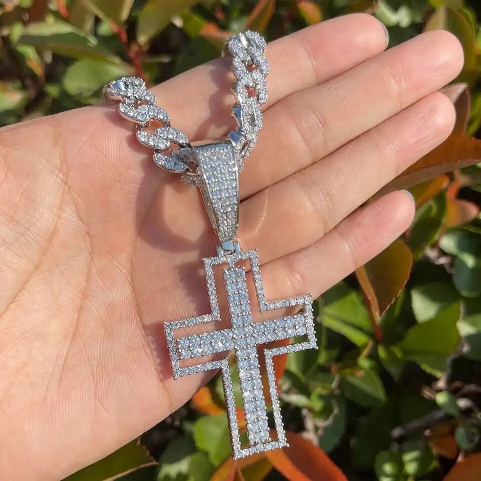 Men’s 10mm Cuban Chain Cross Pendant with Prong Setting