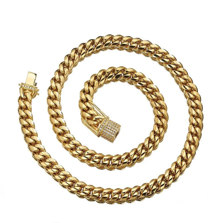 "Men's Hip Hop Fashion Jewelry Set: Stainless Steel Gold Miami Cuban Curb Chain Necklace and Bracelet (8/10/12/14MM)"
