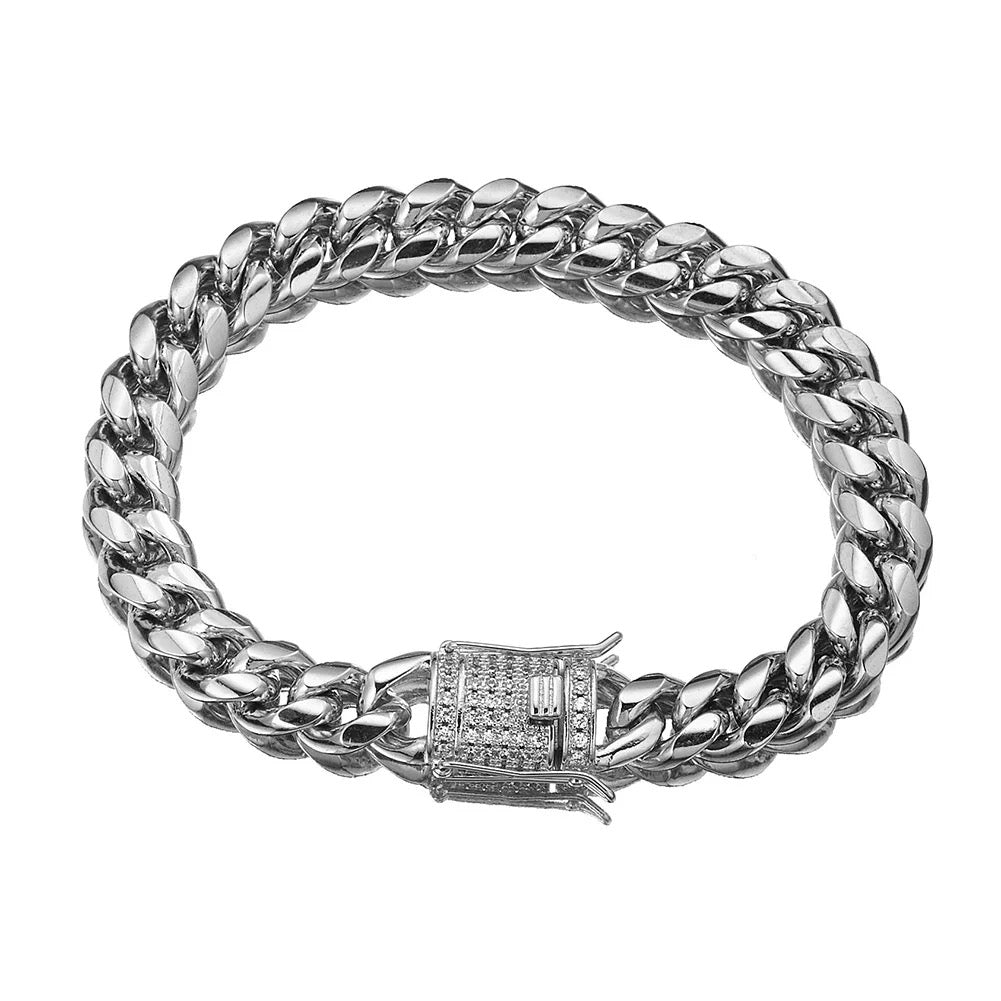 Men's Hip Hop Jewelry Set Stainless Steel Gold Miami Cuban Curb Chain Necklace And Bracelet 8mm 10mm 12mm 14mm