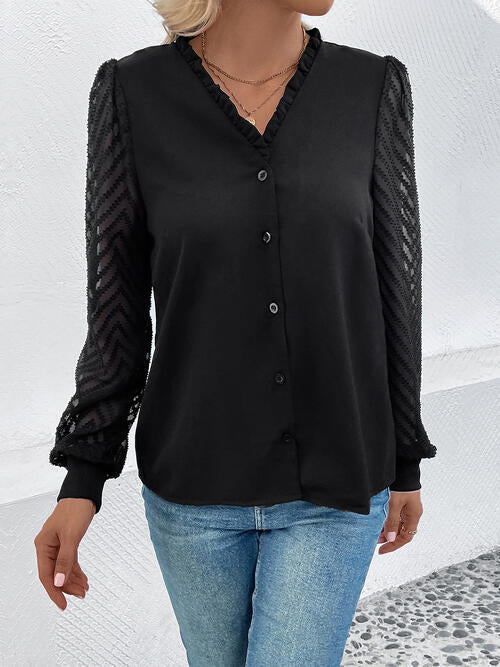 Elegant Sheer V-Neck Blouse with Lace Trim and Button Closure