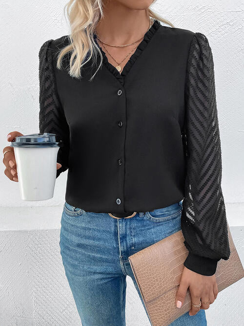 Elegant Sheer V-Neck Blouse with Lace Trim and Button Closure