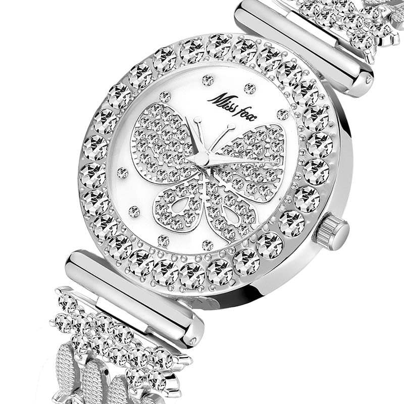 MISSFOX 2030 Butterfly Women Watches Luxury Brand Big Diamond 18K Gold Watch Waterproof Special Bracelet