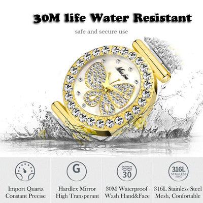 MISSFOX 2030 Butterfly Women Watches Luxury Brand Big Diamond 18K Gold Watch Waterproof Special Bracelet