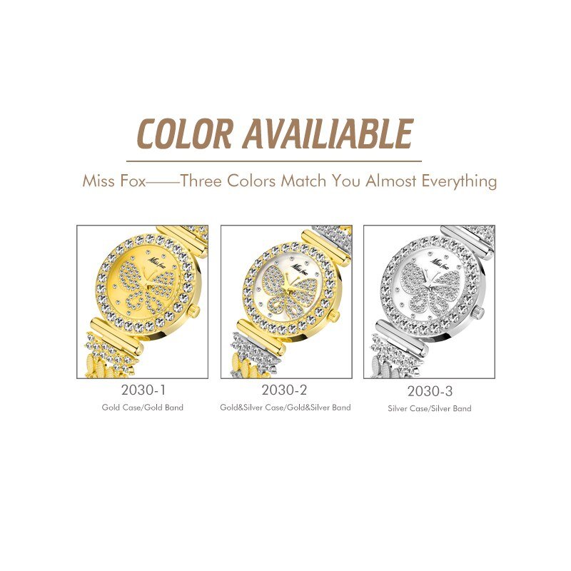 MISSFOX 2030 Butterfly Women Watches Luxury Brand Big Diamond 18K Gold Watch Waterproof Special Bracelet