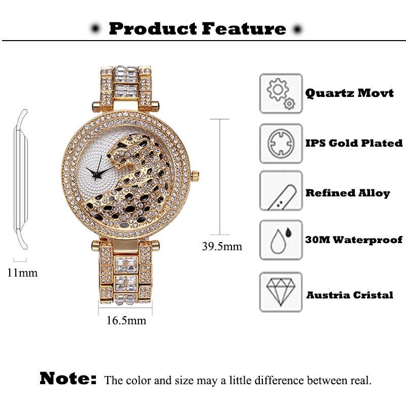 MISSFOX V227 Women Quartz Watch Fashion Bling Casual Ladies Wristwatch Crystal Diamond Leopard Gold Tone