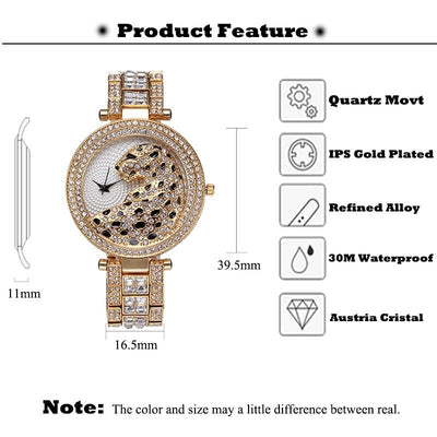 MISSFOX V227 Women Quartz Watch Fashion Bling Casual Ladies Wristwatch Crystal Diamond Leopard Gold Tone