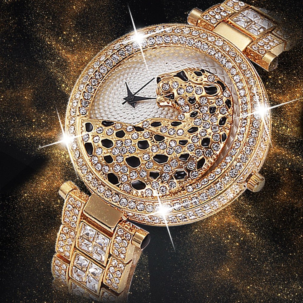 MISSFOX V227 Women Quartz Watch Fashion Bling Casual Ladies Wristwatch Crystal Diamond Leopard Gold Tone