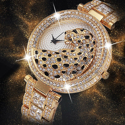 MISSFOX V227 Women Quartz Watch Fashion Bling Casual Ladies Wristwatch Crystal Diamond Leopard Gold Tone
