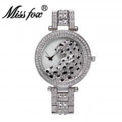 MISSFOX V227 Women Quartz Watch Fashion Bling Casual Ladies Wristwatch Crystal Diamond Leopard Gold Tone