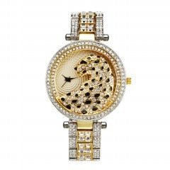 MISSFOX V227 Women Quartz Watch Fashion Bling Casual Ladies Wristwatch Crystal Diamond Leopard Gold Tone
