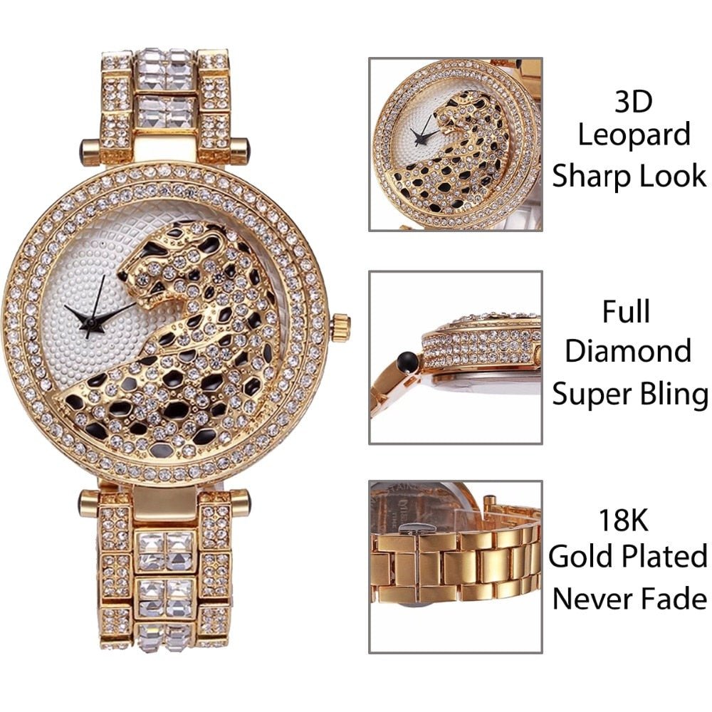 MISSFOX V227 Women Quartz Watch Fashion Bling Casual Ladies Wristwatch Crystal Diamond Leopard Gold Tone