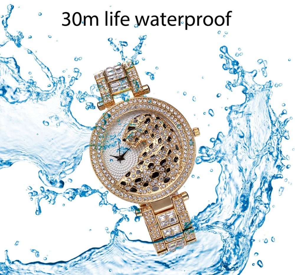 MISSFOX V227 Women Quartz Watch Fashion Bling Casual Ladies Wristwatch Crystal Diamond Leopard Gold Tone
