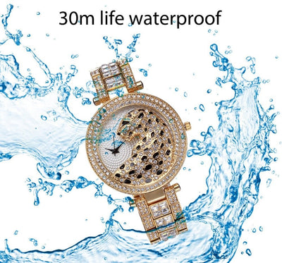 MISSFOX V227 Women Quartz Watch Fashion Bling Casual Ladies Wristwatch Crystal Diamond Leopard Gold Tone