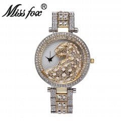 MISSFOX V227 Women Quartz Watch Fashion Bling Casual Ladies Wristwatch Crystal Diamond Leopard Gold Tone