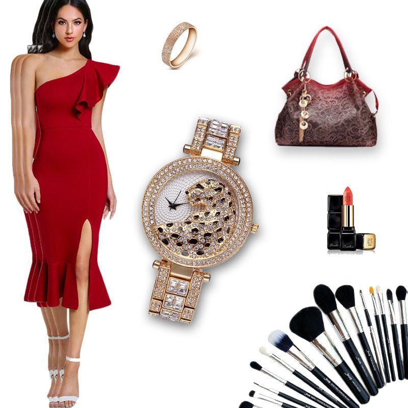 MISSFOX V227 Women Quartz Watch Fashion Bling Casual Ladies Wristwatch Crystal Diamond Leopard Gold Tone