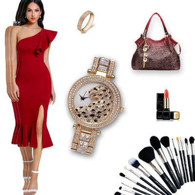 MISSFOX V227 Women Quartz Watch Fashion Bling Casual Ladies Wristwatch Crystal Diamond Leopard Gold Tone