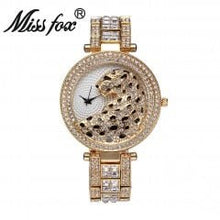 MISSFOX V227 Women Quartz Watch Fashion Bling Casual Ladies Wristwatch Crystal Diamond Leopard Gold Tone