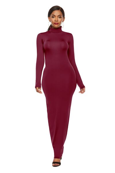 Chic Mock Neck Long Sleeve Bodycon Maxi Gown