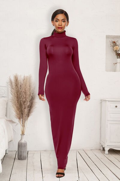 Chic Mock Neck Long Sleeve Bodycon Maxi Gown