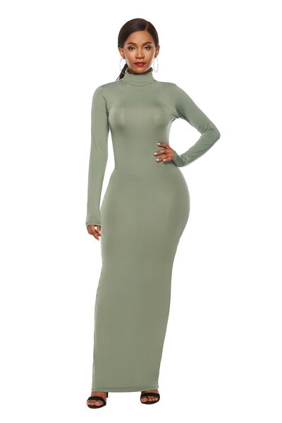 Chic Mock Neck Long Sleeve Bodycon Maxi Gown