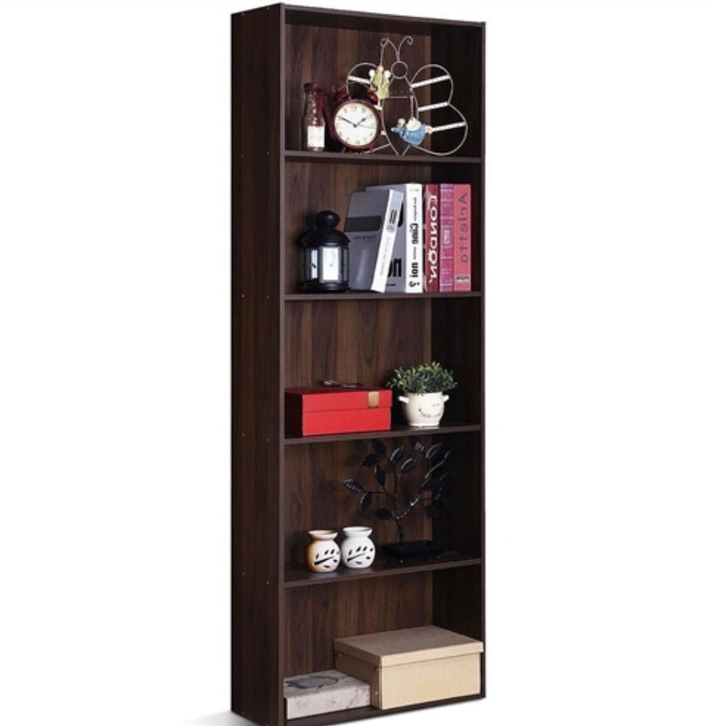 Modern 5-Tier Bookcase Storage Shelf in Brown Walnut Wood Finish