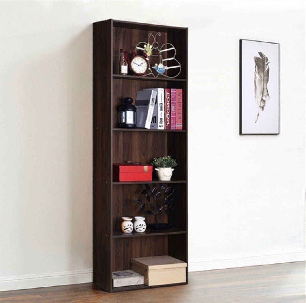 Modern 5-Tier Bookcase Storage Shelf in Brown Walnut Wood Finish